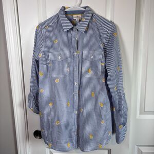 St. John's Bay Women's Button Up Spring Shirt Blue Striped Lemons M Cotton